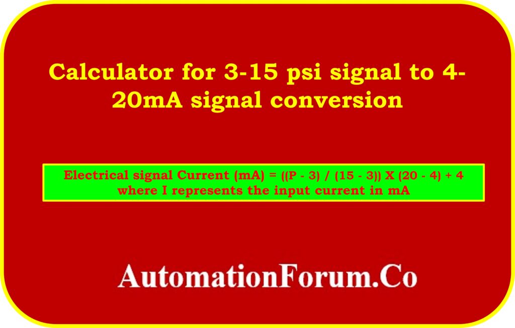 Calculator for 3-15 psi signal to 4- 20mA signal conversion 1