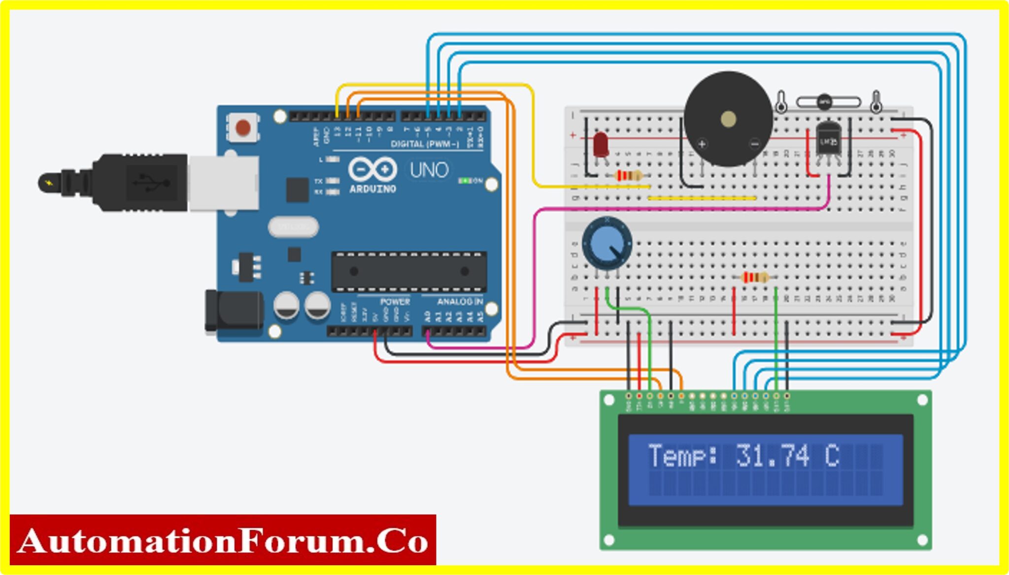 Interfacing LM35 temperature sensor and lcd with Arduino