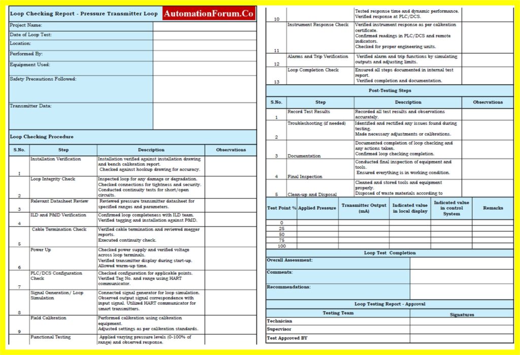 Loop Check Report Template for Pressure Transmitter - Downloadable