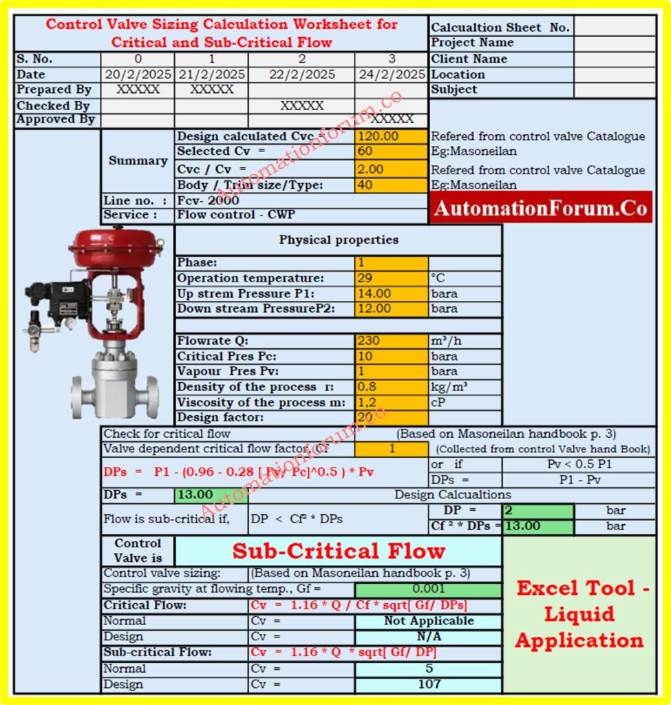 Control Valve Sizing Calculation Worksheet for Critical and Sub-Critical Flow: Excel Tool - Liquid Application
