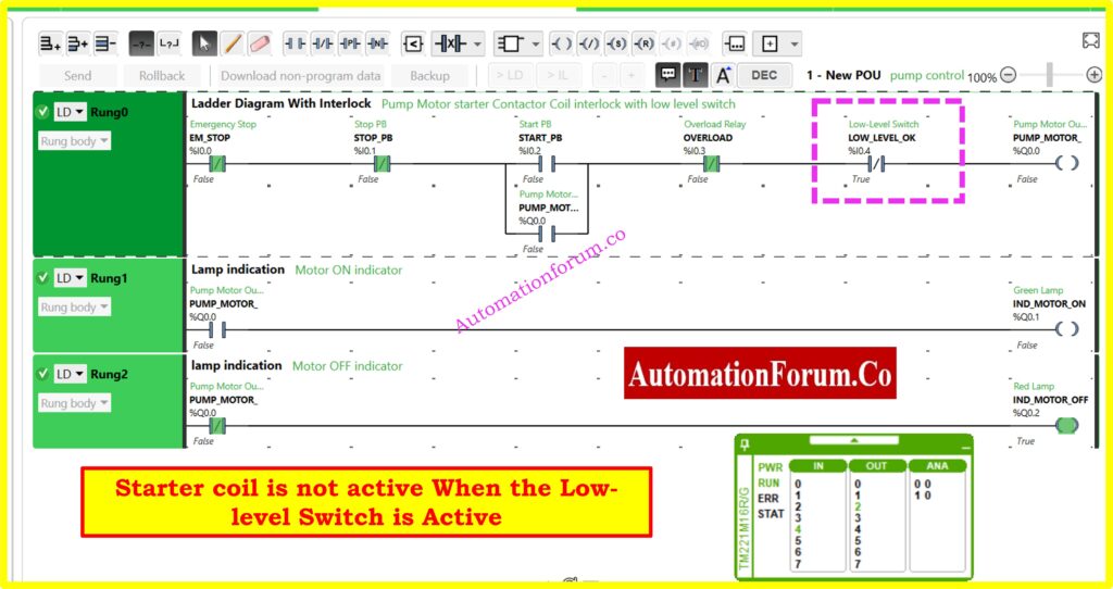 PLC Ladder Logic for Motor Control with Low-Level Switch Interlock

Scenario 1: Low-Level Switch Active (Safe Operation)