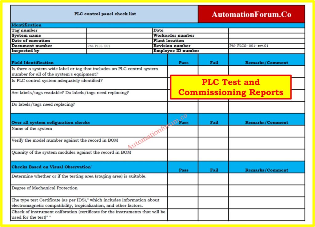 PLC Test and Commissioning Reports