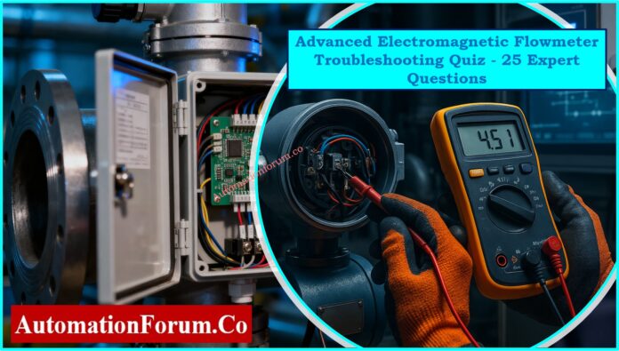 Technician testing electromagnetic flowmeter with digital multimeter – advanced troubleshooting quiz