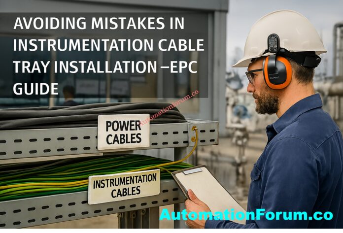 EPC engineer inspecting properly installed instrumentation cable trays in an industrial plant showing segregation and grounding best practices.