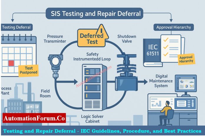 Testing and Repair Deferral - IEC Guidelines, Procedure, and Best Practices Introduction to SIS Testing and Repair Deferral Safety Instrumented Systems (SIS) are very important in industrial automation because they keep people, property, and the environment safe from dangerous situations. These systems are the final line of defense when regular process control systems go down. To make sure they work, SIS parts need to be inspected and maintained on a regular basis, as set out in the Safety Requirement Specification (SRS) and IEC 61511 standards. In real life, though, there are situations when these tests or repairs can't be done on time. This is called SIS Testing and Repair Deferral. This article explains everything you need to know about testing and repair deferral in SIS, the IEC requirements, the permission structure, and the safest ways to handle deferral periods. Master Safety Terms + Free Excel: Functional Safety Terminology – Excel Download for Industrial Automation What Is SIS Proof Testing? SIS Proof Testing is a regular check that makes sure that each part of a Safety Instrumented Function (SIF) still works as it should. It helps find problems that might not be found during normal operation. During the design phase of the SIS, the proof test interval (PTI) is set. This has a direct effect on the Probability of Failure on Demand (PFD) of the safety function. Shorter intervals usually represent a lower PFD and more reliability, while longer intervals raise the likelihood of failure. IEC 61511 says that every SIS shall have a set timetable for proof tests and a written protocol for testing. Decode ESD Signal Logic Fast: Signals for Emergency Valve Shutdown in Critical Processes Why SIS Testing May Be Deferred Even with the finest planning, proof tests don't always go as planned. Some common reasons for putting off the SIS test are: Delays in plant shutdowns: Planned turnarounds or maintenance shutdowns are pushed back. Operational constraints: Some instruments or valves can only be tested offline, and testing them online isn't possible. Production demand: Plants may put continuous production at the top of their list because of significant market demand or a lack of raw materials. Equipment accessibility: During certain process processes, access to important tools may be limited. Lack of manpower or spare parts: The skilled workers or spare parts needed for testing are not available within the scheduled time. In certain situations, a Deferral Process must be started instead of breaking safety rules, as required by IEC 61511-1 Clause 16.3 and the company's own rules. Refer the below link tot Explore S84 / IEC 61511 Standard for Safety Instrumented Systems – Complete Guide https://automationforum.co/s84-iec-61511-standard-for-safety-instrumented-systems-complete-guide/ Definition of Deferral in Safety Instrumented Systems (SIS) A Deferral is a formal, time-limited extension that lets you put off a scheduled proof test or repair operation following a suitable risk assessment, technical appraisal, and management approval. Deferral does not mean taking off the task. It just implies that the system's functional integrity is temporarily checked using compensating measures until the test or repair can be finished. A delay is only permitted after checking that extending the time would not put the process's overall safety at risk. Proof Test Deferral vs Repair Deferral Both proof test and maintenance deferrals put off safety activities, but they do so for different reasons and at different times. Main Differences and Risk Impacts Aspect Proof Test Deferral Repair Deferral Purpose Verification of system integrity Restoration after detected failure Timing Before fault occurs After fault is found IEC Reference Clause 16.3.1 Clause 11.4.3 Risk Impact Increases PFDavg May impair loop safety Knowing this difference helps you figure out the best way to get approval and what to do to make up for it. Discover Future of Functional Safety: Emerging and Future Concepts in Functional Safety: AI, Digital Twins and Industry 4.0 Approval Hierarchy for SIS Deferrals Depending on how long the delay lasts and how risky it is, the deferral procedure has different roles and levels of approval. An approval matrix usually has: Deferral Level Deferral Period Approval Required From Up to 50% beyond the scheduled interval Short-term Production Leader, Safety Leader, Technology Leader Beyond 50% but not exceeding 100% (max 1 year)** Long-term Technology Center In-charge, Plant Operations Leader, Business Unit Operation Leader Maximum Allowable Deferral Period as per IEC 61511 The IEC and best industry practice say that the longest time you can wait to test SIS evidence is one year. If you keep working without testing after this point, you are breaking the rules and exposing yourself in risk. IEC 61511 Guidance on Deferral Justification IEC 61511-1 says that any change from the set proof test or repair interval must be thoroughly explained and recorded. Key points include: For each deferment, write out a risk assessment. Make changes to the records for the Functional Safety Lifecycle. Use a formal Management of Change (MOC) process to handle things. Put all approvals and risk assessments in the SIS file and LOPA documentation. Deferrals that don't have a good reason or a way to track their lifecycle are not compliant during safety audits. Understand 2oo2 SOV Logic: Understanding 2 out of 2 SOV: Working & Configuration SIS Design Considerations to Reduce Deferral Need SIS systems should be built with easy access for testing and maintenance in mind to cut down on the requirement for deferrals. Important things to think about when designing are: The capacity to test online: Systems should be able to undertake partial or online proof testing without having to stop down completely. Set limitations for bypass: The SRS should list the longest time that a SIS loop can stay in bypass while being tested or fixed. Redundant architectures: Using redundant logic solvers or final parts lets systems keep working during maintenance without putting safety at risk. Clear labeling and documentation: The Maintenance Management System (MMS) should include clear records of tests and identification for SIS parts. These design practices make sure that SIS can be maintained throughout its life cycle with as little disturbance to operations as possible. Learn EBV Design & Operation: What is an Emergency Block valve and How does it work Role of Functional Safety Management (FSM) in Deferral Control A good Functional Safety Management (FSM) program controls how deferrals are found, looked over, and approved. FSM ensures: sure that every deferral goes through a set approval process. All temporary actions are written down and can be traced. According to IEC 61508 and IEC 61511, the system should be ready for an audit and follow the entire lifecycle. Keeping a clear FSM plan makes people more responsible and makes sure that no SIS loop goes beyond an acceptable level of risk. Ace Your SIS Interview Now: Safety Instrumented System(SIS) Interview Questions and Answers Step-by-Step SIS Deferral Process When a test or repair cannot be completed as per the schedule, a formal SIS Test Deferral Process must be initiated. The following steps outline the best practice: Step 1. Initiate Deferral Request Find the exact SIS loop or part that can't be tested. Give a reason for the delay, such as the state of the process, the equipment being used, or production limits. Put the due date and rationale in the maintenance management system. Step 2. Technical Evaluation Check the history of the device and any past failures. If you can, do a visual check or a test of some of the functions. Do new PFD calculations to see how extending the interval may affect the risk. Step 3. Risk Assessment & Mitigation Check how the postponed testing affects the Safety Integrity Level (SIL) goals. Put in place temporary fixes, like more alerts, monitoring of operators, or duplicated loops. Step 4. Review & Approval Get the necessary approvals from the people listed in the Deferral Authorization Matrix. Make sure that the risk assessment is agreed upon by safety specialists, maintenance leaders, and production chiefs. Step 5. Communication & Documentation Tell all the departments that will be affected (Operations, Maintenance, Safety, and Engineering). Include the postponement in both the SIS File and the LOPA (Layer of Protection Analysis) papers. Make a clear recovery plan to make sure that testing is done in the time frame that was set aside. Implement Reliable ESD SOV Setup: Implementing a Solenoid Operated Valve for Emergency Shutdown Verification Before Approving a Deferral Deferral gives you more options, but it should never put safety at risk. Before giving permission, some actions must be taken to check: Look throughout the equipment's history: Look at the upkeep logs to see if there have been any problems or failures in the past. Check the PFD Impact: Update the PFDavg calculations and make sure they are still within the SIL restrictions. Expert Validation: Get agreement from a qualified SIS or Functional Safety specialist. Communication Plan: Set up a way to keep track of and let stakeholders know about the postponed status. System Update: Make sure that all of the deferral information is current in the Maintenance Management System (MMS). Formal Documentation: place the signed deferral form in the SIS documentation library. These processes assist keep track of things and make sure that the IEC 61511 lifespan standards are met. Common Audit Findings and Non-Compliance Issues Common audit findings of SIS deferrals are: Missing or incomplete documentation for risk assessments. Deferrals that go over approved limits without being revalidated. There were no compensating measures throughout long periods of time. Old SRS doesn't show changes that have been accepted. Bad record keeping in CMMS or safety lifecycle software. To stay compliant with IEC, regular internal audits should focus on these weak points. Understand HIPPS Working Easily: How does the HIPPS system work in the Oil and gas Industry? Understanding Repair Deferrals in SIS When a failure or malfunction is found in a SIS loop but rapid repair isn't possible because of operating constraints, repair deferrals apply. When repair deferral is considered: The SIS owner, Maintenance personnel, and Functional Safety authority must jointly evaluate the situation. There needs to be a temporary protective mechanism in place, like administrative control or a redundant loop. The Business or Operations Leader must give their approval. The repair delay must be restricted in time and appropriately recorded in SIS records. If repairs aren't done in the period that was permitted and no deferral is granted, the SIS loop is considered "impaired," and the process must be securely shut down until it is restored. Note: Repair deferrals only apply to SIS components that are no longer needed and still have at least one active line of protection. Best Practices for Managing SIS Deferrals Best Practice Description Integrate with CMMS All test and deferral records should be managed in a centralized Computerized Maintenance Management System. Periodic Review Conduct quarterly reviews of open deferrals to ensure timely closure. Cross-functional Involvement Include representatives from Safety, Process, and Maintenance during every deferral approval. Establish Deferral Limits Define maximum deferral periods for different SIL-rated systems (e.g., SIL-1, SIL-2, SIL-3). Audit Compliance Periodically audit deferral records to verify adherence to IEC 61511 and company procedures. Training and Awareness Ensure all responsible personnel understand deferral implications and documentation requirements. Following these steps makes sure that SIS testing and repair delays stay safe, compliant, and easy to find. Master Fail-Safe Logic Design: Understanding Fail-Safe Logic in Industrial Automation Systems Impact of Deferral on SIL and Functional Safety Every time you place off a task, the Probability of Failure on Demand (PFD) goes up for a short time. This could change the computed SIL for the safety function. If the deferral happens too often or lasts too long, it can lower the SIL, which makes the safety function less dependable. So, deferrals must always come with: New PFD calculations Writing down compensating measures The safety authority re-validated the acceptance of risk. Compare SIS vs PLC vs BPCS: Understanding Differences of SIS, PLC, and BPCS in Industrial Automation Key Takeaways and Compliance Recommendations SIS Repair and Testing Deferral is a necessary management step that makes sure that plants are available while also following safety rules. If done right, it lets the system keep running without breaking IEC 61511 rules. But if done wrong, it might put the safety of the whole system at risk. To make sure that the operation is safe and legal: Follow a set process for deferring, Keep detailed records and approvals, and check all open deferrals every so often. Keep in mind that deferral is a privilege, not a habit. It should only be used when necessary and with the greatest care for safety. Download SIS Deferral Procedure Template (IEC 61511 Compliant) Make sure that all of your Safety Instrumented System (SIS) testing and repair delays are completely documented and meet IEC 61511 standards. This professionally designed template lets you ask for, evaluate, approve, and keep track of all SIS proof test or repair deferrals. It has fields for risk assessment, approval matrix, and closure verification. Great for Functional Safety Management (FSM) and preserving records that are ready for an audit. Download - Professional SIS Deferral Request Form Excel Template FAQ on SIS Testing and Repair Deferral What is the meaning of SIF testing? Safety Instrumented Function (SIF) testing checks that each safety loop in a Safety Instrumented System (SIS) works correctly to keep the process safe. It analyzes sensors, logic solvers, and final elements to make sure the system satisfies its SIL (Safety Integrity Level) target, as IEC 61511 says it should. What is SIS in instrumentation? SIS, or Safety Instrumented System, is an autonomous control system in instrumentation that finds dangerous situations and automatically puts the process in a safe state. It has sensors, logic solvers, and final parts to keep people, equipment, and the environment safe. What does SIS mean in manufacturing? In manufacturing, SIS stands for a safety automation system that stops accidents by taking steps like closing valves or stopping machines when conditions are unsafe. It makes sure that safety regulations like IEC 61508 are followed. What is a SIS proof test? A SIS proof test is a regular check to make sure that each Safety Instrumented Function (SIF) works right and lowers risk as planned. It helps find failures that aren't obvious and keep the SIL performance at the right level. What is the difference between SIL and SIS? SIL (Safety Integrity Level) is a measure of how reliable or risk-reducing SIS is. SIS is the system that does safety functions. SIL tells us how safe the SIS needs to be. What is SIL in instrumentation? In instrumentation, SIL (Safety Integrity Level) shows how reliable a Safety Instrumented Function (SIF) is inside a SIS. Higher SIL levels (1–4) mean less risk and higher performance standards. Test Your Expertise in Safety Instrumented Systems (SIS): Knowledge Quiz Refer the below link for Testing Your Expertise in Safety Instrumented Systems (SIS): Knowledge Quiz https://automationforum.co/test-your-expertise-in-safety-instrumented-systems-sis-knowledge-quiz/ Focus Keyphrase (Primary SEO Keyword): SIS Testing and Repair Deferral (IEC 61511 Guidelines) Meta Title SIS Testing and Repair Deferral – IEC 61511 Guidelines & Procedure Meta Description Learn IEC 61511-compliant SIS Testing & Repair Deferral procedures, risk assessment, and FSM best practices to maintain plant safety and SIL reliability. URL Slug /sis-testing-and-repair-deferral-iec-guidelines 1