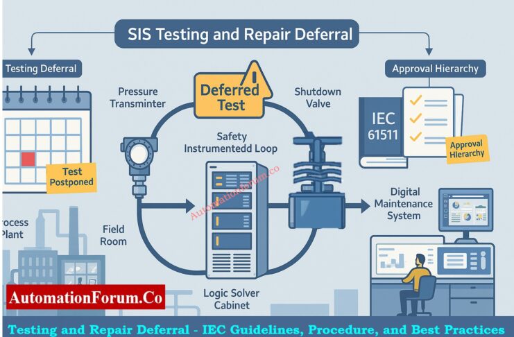 Testing and Repair Deferral - IEC Guidelines, Procedure, and Best Practices Introduction to SIS Testing and Repair Deferral Safety Instrumented Systems (SIS) are very important in industrial automation because they keep people, property, and the environment safe from dangerous situations. These systems are the final line of defense when regular process control systems go down. To make sure they work, SIS parts need to be inspected and maintained on a regular basis, as set out in the Safety Requirement Specification (SRS) and IEC 61511 standards. In real life, though, there are situations when these tests or repairs can't be done on time. This is called SIS Testing and Repair Deferral. This article explains everything you need to know about testing and repair deferral in SIS, the IEC requirements, the permission structure, and the safest ways to handle deferral periods. Master Safety Terms + Free Excel: Functional Safety Terminology – Excel Download for Industrial Automation What Is SIS Proof Testing? SIS Proof Testing is a regular check that makes sure that each part of a Safety Instrumented Function (SIF) still works as it should. It helps find problems that might not be found during normal operation. During the design phase of the SIS, the proof test interval (PTI) is set. This has a direct effect on the Probability of Failure on Demand (PFD) of the safety function. Shorter intervals usually represent a lower PFD and more reliability, while longer intervals raise the likelihood of failure. IEC 61511 says that every SIS shall have a set timetable for proof tests and a written protocol for testing. Decode ESD Signal Logic Fast: Signals for Emergency Valve Shutdown in Critical Processes Why SIS Testing May Be Deferred Even with the finest planning, proof tests don't always go as planned. Some common reasons for putting off the SIS test are: Delays in plant shutdowns: Planned turnarounds or maintenance shutdowns are pushed back. Operational constraints: Some instruments or valves can only be tested offline, and testing them online isn't possible. Production demand: Plants may put continuous production at the top of their list because of significant market demand or a lack of raw materials. Equipment accessibility: During certain process processes, access to important tools may be limited. Lack of manpower or spare parts: The skilled workers or spare parts needed for testing are not available within the scheduled time. In certain situations, a Deferral Process must be started instead of breaking safety rules, as required by IEC 61511-1 Clause 16.3 and the company's own rules. Refer the below link tot Explore S84 / IEC 61511 Standard for Safety Instrumented Systems – Complete Guide https://automationforum.co/s84-iec-61511-standard-for-safety-instrumented-systems-complete-guide/ Definition of Deferral in Safety Instrumented Systems (SIS) A Deferral is a formal, time-limited extension that lets you put off a scheduled proof test or repair operation following a suitable risk assessment, technical appraisal, and management approval. Deferral does not mean taking off the task. It just implies that the system's functional integrity is temporarily checked using compensating measures until the test or repair can be finished. A delay is only permitted after checking that extending the time would not put the process's overall safety at risk. Proof Test Deferral vs Repair Deferral Both proof test and maintenance deferrals put off safety activities, but they do so for different reasons and at different times. Main Differences and Risk Impacts Aspect Proof Test Deferral Repair Deferral Purpose Verification of system integrity Restoration after detected failure Timing Before fault occurs After fault is found IEC Reference Clause 16.3.1 Clause 11.4.3 Risk Impact Increases PFDavg May impair loop safety Knowing this difference helps you figure out the best way to get approval and what to do to make up for it. Discover Future of Functional Safety: Emerging and Future Concepts in Functional Safety: AI, Digital Twins and Industry 4.0 Approval Hierarchy for SIS Deferrals Depending on how long the delay lasts and how risky it is, the deferral procedure has different roles and levels of approval. An approval matrix usually has: Deferral Level Deferral Period Approval Required From Up to 50% beyond the scheduled interval Short-term Production Leader, Safety Leader, Technology Leader Beyond 50% but not exceeding 100% (max 1 year)** Long-term Technology Center In-charge, Plant Operations Leader, Business Unit Operation Leader Maximum Allowable Deferral Period as per IEC 61511 The IEC and best industry practice say that the longest time you can wait to test SIS evidence is one year. If you keep working without testing after this point, you are breaking the rules and exposing yourself in risk. IEC 61511 Guidance on Deferral Justification IEC 61511-1 says that any change from the set proof test or repair interval must be thoroughly explained and recorded. Key points include: For each deferment, write out a risk assessment. Make changes to the records for the Functional Safety Lifecycle. Use a formal Management of Change (MOC) process to handle things. Put all approvals and risk assessments in the SIS file and LOPA documentation. Deferrals that don't have a good reason or a way to track their lifecycle are not compliant during safety audits. Understand 2oo2 SOV Logic: Understanding 2 out of 2 SOV: Working & Configuration SIS Design Considerations to Reduce Deferral Need SIS systems should be built with easy access for testing and maintenance in mind to cut down on the requirement for deferrals. Important things to think about when designing are: The capacity to test online: Systems should be able to undertake partial or online proof testing without having to stop down completely. Set limitations for bypass: The SRS should list the longest time that a SIS loop can stay in bypass while being tested or fixed. Redundant architectures: Using redundant logic solvers or final parts lets systems keep working during maintenance without putting safety at risk. Clear labeling and documentation: The Maintenance Management System (MMS) should include clear records of tests and identification for SIS parts. These design practices make sure that SIS can be maintained throughout its life cycle with as little disturbance to operations as possible. Learn EBV Design & Operation: What is an Emergency Block valve and How does it work Role of Functional Safety Management (FSM) in Deferral Control A good Functional Safety Management (FSM) program controls how deferrals are found, looked over, and approved. FSM ensures: sure that every deferral goes through a set approval process. All temporary actions are written down and can be traced. According to IEC 61508 and IEC 61511, the system should be ready for an audit and follow the entire lifecycle. Keeping a clear FSM plan makes people more responsible and makes sure that no SIS loop goes beyond an acceptable level of risk. Ace Your SIS Interview Now: Safety Instrumented System(SIS) Interview Questions and Answers Step-by-Step SIS Deferral Process When a test or repair cannot be completed as per the schedule, a formal SIS Test Deferral Process must be initiated. The following steps outline the best practice: Step 1. Initiate Deferral Request Find the exact SIS loop or part that can't be tested. Give a reason for the delay, such as the state of the process, the equipment being used, or production limits. Put the due date and rationale in the maintenance management system. Step 2. Technical Evaluation Check the history of the device and any past failures. If you can, do a visual check or a test of some of the functions. Do new PFD calculations to see how extending the interval may affect the risk. Step 3. Risk Assessment & Mitigation Check how the postponed testing affects the Safety Integrity Level (SIL) goals. Put in place temporary fixes, like more alerts, monitoring of operators, or duplicated loops. Step 4. Review & Approval Get the necessary approvals from the people listed in the Deferral Authorization Matrix. Make sure that the risk assessment is agreed upon by safety specialists, maintenance leaders, and production chiefs. Step 5. Communication & Documentation Tell all the departments that will be affected (Operations, Maintenance, Safety, and Engineering). Include the postponement in both the SIS File and the LOPA (Layer of Protection Analysis) papers. Make a clear recovery plan to make sure that testing is done in the time frame that was set aside. Implement Reliable ESD SOV Setup: Implementing a Solenoid Operated Valve for Emergency Shutdown Verification Before Approving a Deferral Deferral gives you more options, but it should never put safety at risk. Before giving permission, some actions must be taken to check: Look throughout the equipment's history: Look at the upkeep logs to see if there have been any problems or failures in the past. Check the PFD Impact: Update the PFDavg calculations and make sure they are still within the SIL restrictions. Expert Validation: Get agreement from a qualified SIS or Functional Safety specialist. Communication Plan: Set up a way to keep track of and let stakeholders know about the postponed status. System Update: Make sure that all of the deferral information is current in the Maintenance Management System (MMS). Formal Documentation: place the signed deferral form in the SIS documentation library. These processes assist keep track of things and make sure that the IEC 61511 lifespan standards are met. Common Audit Findings and Non-Compliance Issues Common audit findings of SIS deferrals are: Missing or incomplete documentation for risk assessments. Deferrals that go over approved limits without being revalidated. There were no compensating measures throughout long periods of time. Old SRS doesn't show changes that have been accepted. Bad record keeping in CMMS or safety lifecycle software. To stay compliant with IEC, regular internal audits should focus on these weak points. Understand HIPPS Working Easily: How does the HIPPS system work in the Oil and gas Industry? Understanding Repair Deferrals in SIS When a failure or malfunction is found in a SIS loop but rapid repair isn't possible because of operating constraints, repair deferrals apply. When repair deferral is considered: The SIS owner, Maintenance personnel, and Functional Safety authority must jointly evaluate the situation. There needs to be a temporary protective mechanism in place, like administrative control or a redundant loop. The Business or Operations Leader must give their approval. The repair delay must be restricted in time and appropriately recorded in SIS records. If repairs aren't done in the period that was permitted and no deferral is granted, the SIS loop is considered "impaired," and the process must be securely shut down until it is restored. Note: Repair deferrals only apply to SIS components that are no longer needed and still have at least one active line of protection. Best Practices for Managing SIS Deferrals Best Practice Description Integrate with CMMS All test and deferral records should be managed in a centralized Computerized Maintenance Management System. Periodic Review Conduct quarterly reviews of open deferrals to ensure timely closure. Cross-functional Involvement Include representatives from Safety, Process, and Maintenance during every deferral approval. Establish Deferral Limits Define maximum deferral periods for different SIL-rated systems (e.g., SIL-1, SIL-2, SIL-3). Audit Compliance Periodically audit deferral records to verify adherence to IEC 61511 and company procedures. Training and Awareness Ensure all responsible personnel understand deferral implications and documentation requirements. Following these steps makes sure that SIS testing and repair delays stay safe, compliant, and easy to find. Master Fail-Safe Logic Design: Understanding Fail-Safe Logic in Industrial Automation Systems Impact of Deferral on SIL and Functional Safety Every time you place off a task, the Probability of Failure on Demand (PFD) goes up for a short time. This could change the computed SIL for the safety function. If the deferral happens too often or lasts too long, it can lower the SIL, which makes the safety function less dependable. So, deferrals must always come with: New PFD calculations Writing down compensating measures The safety authority re-validated the acceptance of risk. Compare SIS vs PLC vs BPCS: Understanding Differences of SIS, PLC, and BPCS in Industrial Automation Key Takeaways and Compliance Recommendations SIS Repair and Testing Deferral is a necessary management step that makes sure that plants are available while also following safety rules. If done right, it lets the system keep running without breaking IEC 61511 rules. But if done wrong, it might put the safety of the whole system at risk. To make sure that the operation is safe and legal: Follow a set process for deferring, Keep detailed records and approvals, and check all open deferrals every so often. Keep in mind that deferral is a privilege, not a habit. It should only be used when necessary and with the greatest care for safety. Download SIS Deferral Procedure Template (IEC 61511 Compliant) Make sure that all of your Safety Instrumented System (SIS) testing and repair delays are completely documented and meet IEC 61511 standards. This professionally designed template lets you ask for, evaluate, approve, and keep track of all SIS proof test or repair deferrals. It has fields for risk assessment, approval matrix, and closure verification. Great for Functional Safety Management (FSM) and preserving records that are ready for an audit. Download - Professional SIS Deferral Request Form Excel Template FAQ on SIS Testing and Repair Deferral What is the meaning of SIF testing? Safety Instrumented Function (SIF) testing checks that each safety loop in a Safety Instrumented System (SIS) works correctly to keep the process safe. It analyzes sensors, logic solvers, and final elements to make sure the system satisfies its SIL (Safety Integrity Level) target, as IEC 61511 says it should. What is SIS in instrumentation? SIS, or Safety Instrumented System, is an autonomous control system in instrumentation that finds dangerous situations and automatically puts the process in a safe state. It has sensors, logic solvers, and final parts to keep people, equipment, and the environment safe. What does SIS mean in manufacturing? In manufacturing, SIS stands for a safety automation system that stops accidents by taking steps like closing valves or stopping machines when conditions are unsafe. It makes sure that safety regulations like IEC 61508 are followed. What is a SIS proof test? A SIS proof test is a regular check to make sure that each Safety Instrumented Function (SIF) works right and lowers risk as planned. It helps find failures that aren't obvious and keep the SIL performance at the right level. What is the difference between SIL and SIS? SIL (Safety Integrity Level) is a measure of how reliable or risk-reducing SIS is. SIS is the system that does safety functions. SIL tells us how safe the SIS needs to be. What is SIL in instrumentation? In instrumentation, SIL (Safety Integrity Level) shows how reliable a Safety Instrumented Function (SIF) is inside a SIS. Higher SIL levels (1–4) mean less risk and higher performance standards. Test Your Expertise in Safety Instrumented Systems (SIS): Knowledge Quiz Refer the below link for Testing Your Expertise in Safety Instrumented Systems (SIS): Knowledge Quiz https://automationforum.co/test-your-expertise-in-safety-instrumented-systems-sis-knowledge-quiz/ Focus Keyphrase (Primary SEO Keyword): SIS Testing and Repair Deferral (IEC 61511 Guidelines) Meta Title SIS Testing and Repair Deferral – IEC 61511 Guidelines & Procedure Meta Description Learn IEC 61511-compliant SIS Testing & Repair Deferral procedures, risk assessment, and FSM best practices to maintain plant safety and SIL reliability. URL Slug /sis-testing-and-repair-deferral-iec-guidelines 1