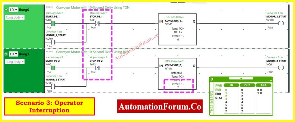 Why is RTO Used in Place of TON Timer in PLC Program - Scenario Analysis: Stop Button Activation