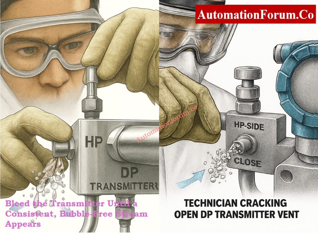 Bleed the Transmitter Until a Consistent, Bubble-Free Stream Appears  - How to Properly Vent a Pressure or DP Transmitter in Liquid Service