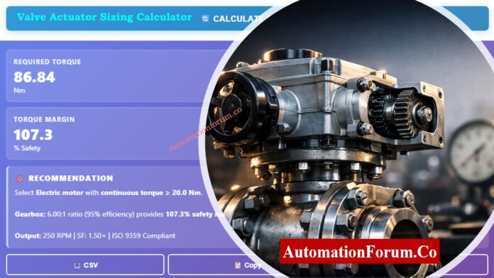 Valve Actuator Sizing Calculator - Complete Engineering Guide for Torque, Safety Factor & Gear Ratio Selection