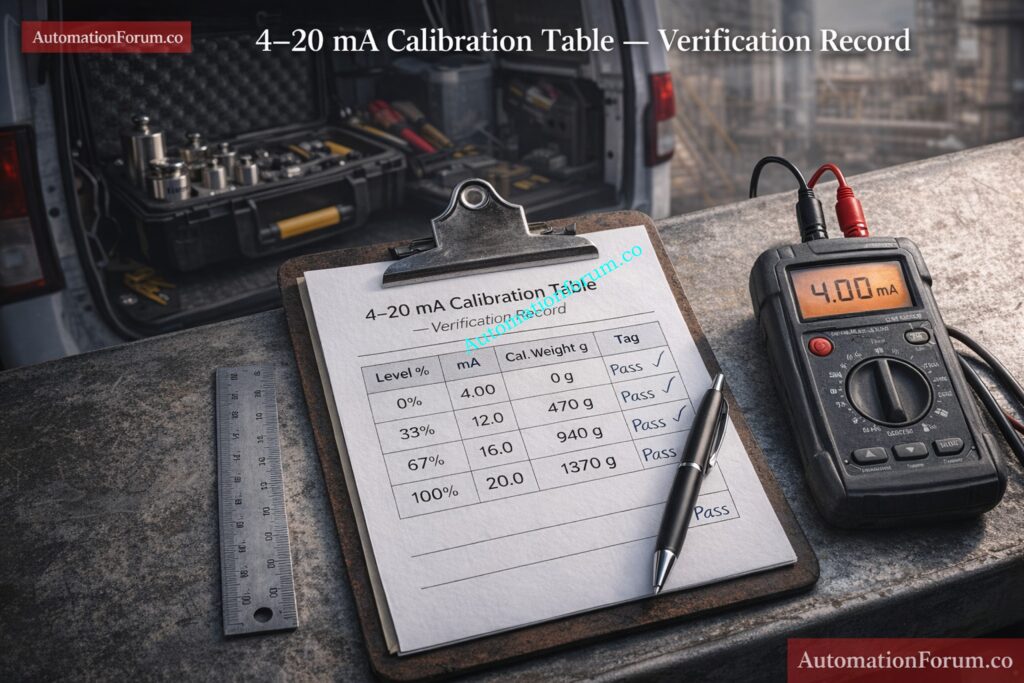 4-20 mA Calibration Table (Example) - Dry Calibration of Displacer Level Troll Using Weight Loss Calculator