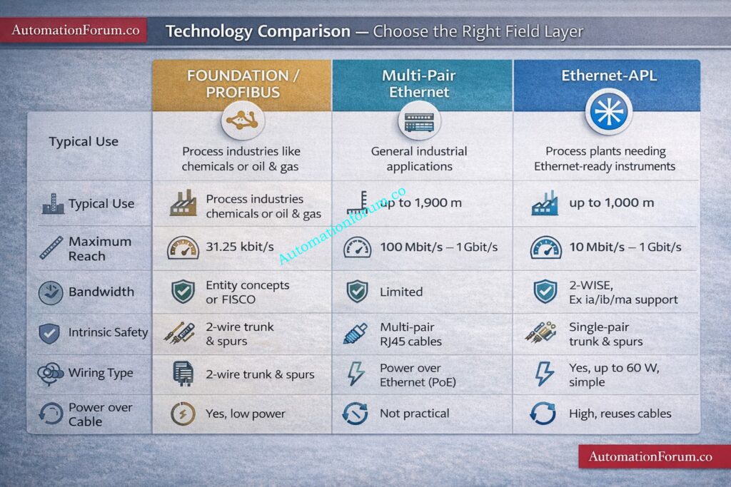 FOUNDATION/PROFIBUS vs Multi-Pair Ethernet vs Ethernet-APL Comparison
