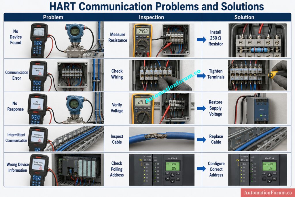 HART Communicator Troubleshooting Table for Common Communication Problems