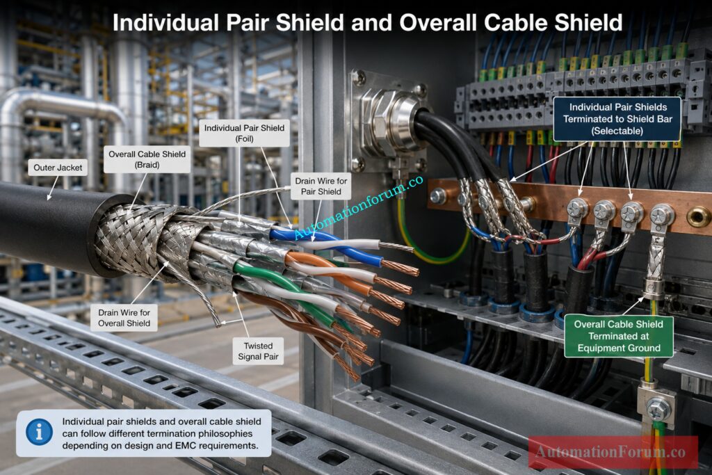 

Where Should You Terminate Cable Shields in Instrumentation and Control Systems?
Table of Contents
Should Cable Shields Be Grounded at One End or Both Ends? 

Cable shield termination is one of those instrumentation details that looks simple until a plant starts experiencing unstable readings, communication failures, unexplained PLC input errors, or intermittent noise. Engineers often ask the same question: should the shield be grounded at one end or both ends?

There is no universal answer.

The correct cable shield termination depends on the signal type, interference frequency, cable construction, grounding arrangement, communication protocol, equipment manufacturer requirements, and EMC design. Low frequency analog instrumentation circuits are commonly treated differently from high frequency communication systems. The objective is always to provide effective shielding without creating unwanted circulating currents. 

What Is a Cable Shield and Why Is It Used?
How Does a Cable Shield Reduce Electrical Noise?
Cable shield A conductive coating enclosing the signal conductors. Common constructions include foil, braided metal, spiral metal shielding and combinations of these layouts. The shield prevents electromagnetic interference and electrostatic interference from coming in contact with the wires. It can also reduce electromagnetic radiation produced by the cable itself.  

In aninstrumentation cable, the shield provides a controlled path for unwanted electrical energy rather than allowing that energy to couple directly into the signal circuit.

Why Is Proper Shield Termination Important?
However, the effectiveness of a shield depends on the right design of its termination. Excessive exposed conductor, poor continuity, or a long connection between the shield and its intended bonding point can reduce shielding effectiveness, especially at higher frequencies. For demanding EMC applications, a low impedance connection around the cable circumference is often preferred.

Refer the below link for the Shield Grounding Noise Calculator for Instrumentation: A Practical Engineer Guide 

Shield Grounding Versus Shield Bonding
What Is Shield Grounding?
Shield grounding and shield bonding are related but should not be treated as exactly the same operation.

Shield grounding generally refers to connecting the cable shield to a designated earth or functional grounding point. 

What Is Shield Bonding?
Shield bonding refers more broadly to establishing a low impedance electrical connection between the shield and the equipment or bonding system.

Why Does Shield Connection Impedance Matter?
This distinction becomes important at higher frequencies. A connection can have very low resistance but still have significant impedance because of inductance. This is why a long drain wire may not provide the same EMC performance as a short, wide or circumferential shield connection.

The termination method must therefore be selected according to the electrical frequency involved and the EMC objective of the system.

Discover Why Shield Grounding Must Stay Under Control: Why the Cable Shield is Grounded Only at the PLC or Control Panel Side

How Does Electrical Noise Enter Instrumentation Cables?
What Is Capacitive Coupling?
Electrical noise can reach an instrumentation cable through several coupling mechanisms.

Capacitive coupling occurs when a changing voltage from a nearby circuit transfers unwanted energy into the signal conductors. This can happen when instrumentation cables run close to power cables.

What Is Inductive Coupling?
Inductive coupling occurs when changing current creates a magnetic field that induces voltage into nearby conductors. Motors, transformers and high current circuits are common sources.

Terminate Instrument Cables Correctly Every Single Time: Method Statement for Instrumentation Cable Termination

Electromagnetic and radio frequency interference can come from switching equipment, variable frequency drives, contactors, relays, power supplies and communication equipment.

Can Cable Shielding Alone Eliminate Electrical Noise?
Cable shielding helps, but shielding alone is not enough. Good cable routing, physical separation, twisted pairs, proper bonding, correct grounding and suitable equipment installation are equally important.

Master Instrument Cable Shielding Before Noise Causes Failures: What is instrument cable shielding?

Protective Earth and Functional Earth in Instrumentation
Protective earth and functional earth should not automatically be considered interchangeable.

Protective earth is primarily associated with electrical safety, exposed conductive parts and fault protection. Functional earth can be used where an earth connection is required for the proper operation or EMC performance of equipment.

A cable shield may be connected to a designated functional earth or shield termination system when the project design specifies it. It should not simply be connected to the nearest protective earth terminal without checking the system grounding philosophy.

This is particularly important inside PLC, DCS and SIS cabinets where separate grounding arrangements may exist.

Measure Signal Quality Before Noise Ruins Control Performance: Signal-to-Noise Ratio (SNR) Calculator for Instrumentation and Control Systems

Should Cable Shields Be Grounded at One End or Both Ends?
The answer depends on the application.

When Should a Cable Shield Be Grounded at One End?
Single point shield grounding is commonly used for some low frequency analog instrumentation circuits. Connecting the shield at one designated location reduces the possibility of circulating shield current caused by a ground potential difference between two locations. The unused shield end is normally insulated so it cannot accidentally contact another grounding point.  

Avoid Hazardous Area Gland Mistakes That Create Serious Risks: Cable Gland Selection for Hazardous Area Installations – Complete  Guide

When Should a Cable Shield Be Grounded at Both Ends?
Both end shield bonding can provide better performance against high frequency interference because it can provide a low impedance path for unwanted high frequency current. It is commonly used for certain communication and EMC applications when the grounding and bonding system is designed to support it.

Why Is Both End Shield Bonding Used for High Frequency EMC?
The important point is that both end bonding should not be applied blindly. If two grounding locations have a significant potential difference, shield current can flow through the shield.

Therefore, the decision should be based on the complete system design rather than the simple rule that shields must always be grounded at one end or always at both ends.

Catch Unstable Signals During Real Running Plant Inspections: Noise and Signal Stability Observation for Running Inspection in Instrumentation and Control Systems

Where Should Shields Be Terminated for Analog Instrumentation Signals?
For many 4 to 20 mA circuits, low level analog signals, thermocouples, RTD circuits and analyzer signals, the project design may specify shield termination at one designated end.

In many process plants, this point is the receiving equipment side, such as the marshalling cabinet, control panel, DCS cabinet or PLC cabinet. The field instrument end is then insulated when the single point grounding philosophy is being used.

For example, a pressure transmitter connected to a DCS analog input may have the cable shield terminated at the designated panel grounding arrangement while the transmitter end remains insulated.

The actual termination must follow the project earthing philosophy, loop drawings, cable schedule, vendor instructions and applicable engineering standards.

Never connect the shield to signal common simply because a spare terminal is available. The shield connection is part of the grounding and EMC design and should connect to the intended earth or functional grounding arrangement.

Verify Every 4 to 20 mA Loop Before Commissioning: Live Signal Verification 4 to 20 mA Loop Standard Operating Procedure (SOP)

Where Should Shields Be Terminated for Digital and Communication Cables?
Communication cables require more careful consideration because their signals contain higher frequency components.

Profibus, RS 485, industrial Ethernet and other communication systems may specify particular shield bonding arrangements. Many communication systems benefit from bonding the shield at both ends when a suitable equipotential bonding system exists.

The purpose is to maintain a low impedance shielding path and reduce high frequency interference. The exact method is protocol and manufacturer specific.

An analog instrumentation cable rule should therefore never be copied directly into a communication network design. Follow the communication protocol installation guide, equipment manual, cable specification and project EMC requirements.

Refer the below link for theUnderstanding the Difference Between Live Zero and Dead Zero in 4 to 20 mA Signals
﻿

Individual Pair Shielding and Overall Cable Shielding